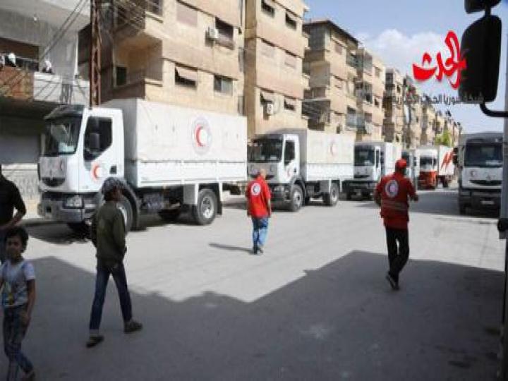 56 شاحنة محملة مساعدات إنسانية وطبية لأهالي مدينة قدسيا وبلدة الهامة