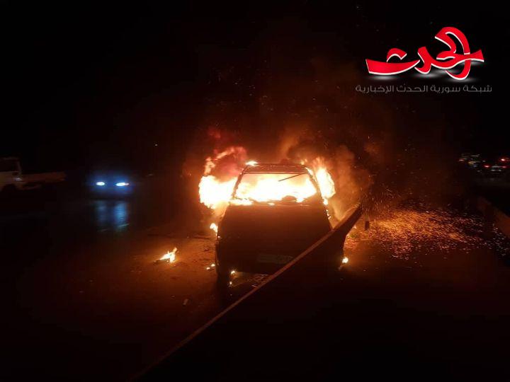 احتراق سيارة بعد تدهورها على طريق مطار دمشق الدولي