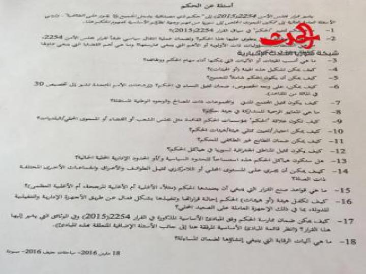 سورية الحدث تنشر أسئلة دي ميستورا الـ29 حول الحكم