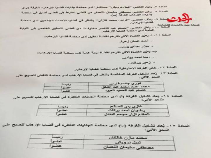 تغييرات قضائية في محكمة قضايا الإرهاب بدمشق