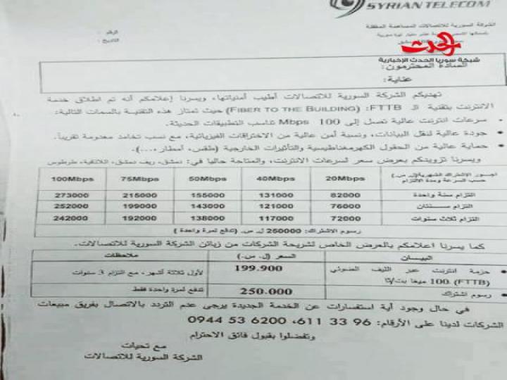 الاتصالات السورية تطلق سرعة انترنت خرافية .. تعرف على ميزاتها و اسعارها