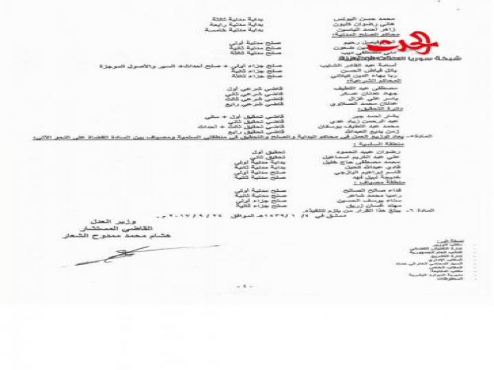 وزارة العدل تصدر جدول تنقلات قضاة في عدلية حماة