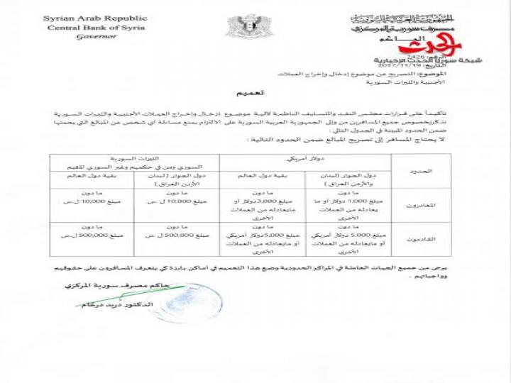 المركزي يوضح ألية إدخال وإخراج العملات الأجنبية والليرات السورية من قبل المسافرين