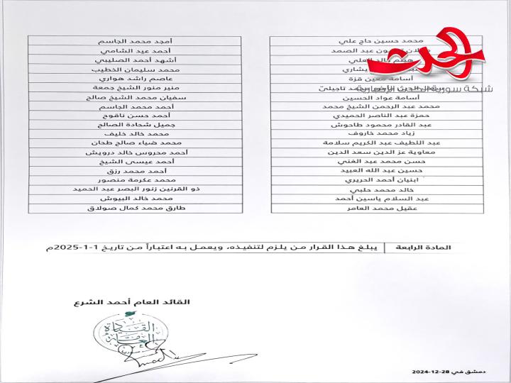 القيادة العامة في سوريا تعلن ترفيع الضباط المدرجة أسماؤهم وفق النشرة الأولى من الترفيعات