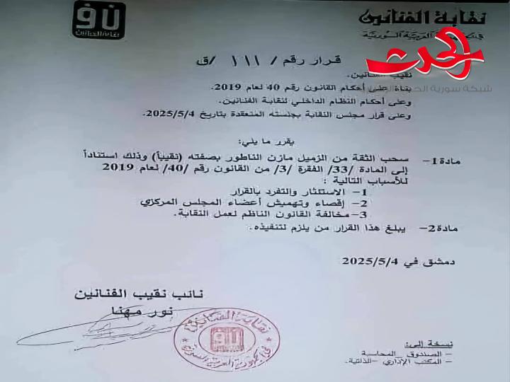 "مجلس نقابة الفنانين": يسحب الثقة من نقيبها مازن الناطور
