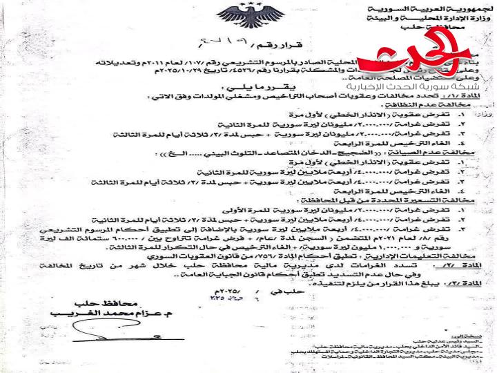 تحديد سعر الأمبير بالدولار وعقوبات مشددة للمخالفين من أصحاب مولدات الأمبير في حلب