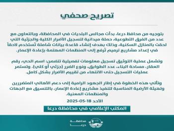 "محافظة درعا": تطلق حملة لحصر أضرار المنازل السكنية زمن النظام البائد